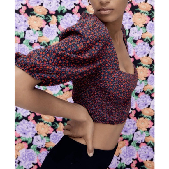 Zara NWT Floral Print Ruched Floral Sweetheart Crop Top Balloon Sleeve Size XS‎ - Picture 3 of 16